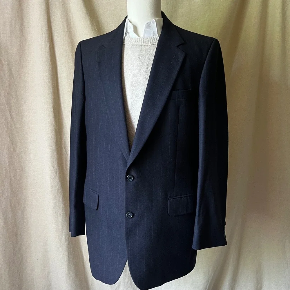 Vintage Burberrys Navy‎ Pinstripe Wool Suit 44L Two Piece Set Made USA
